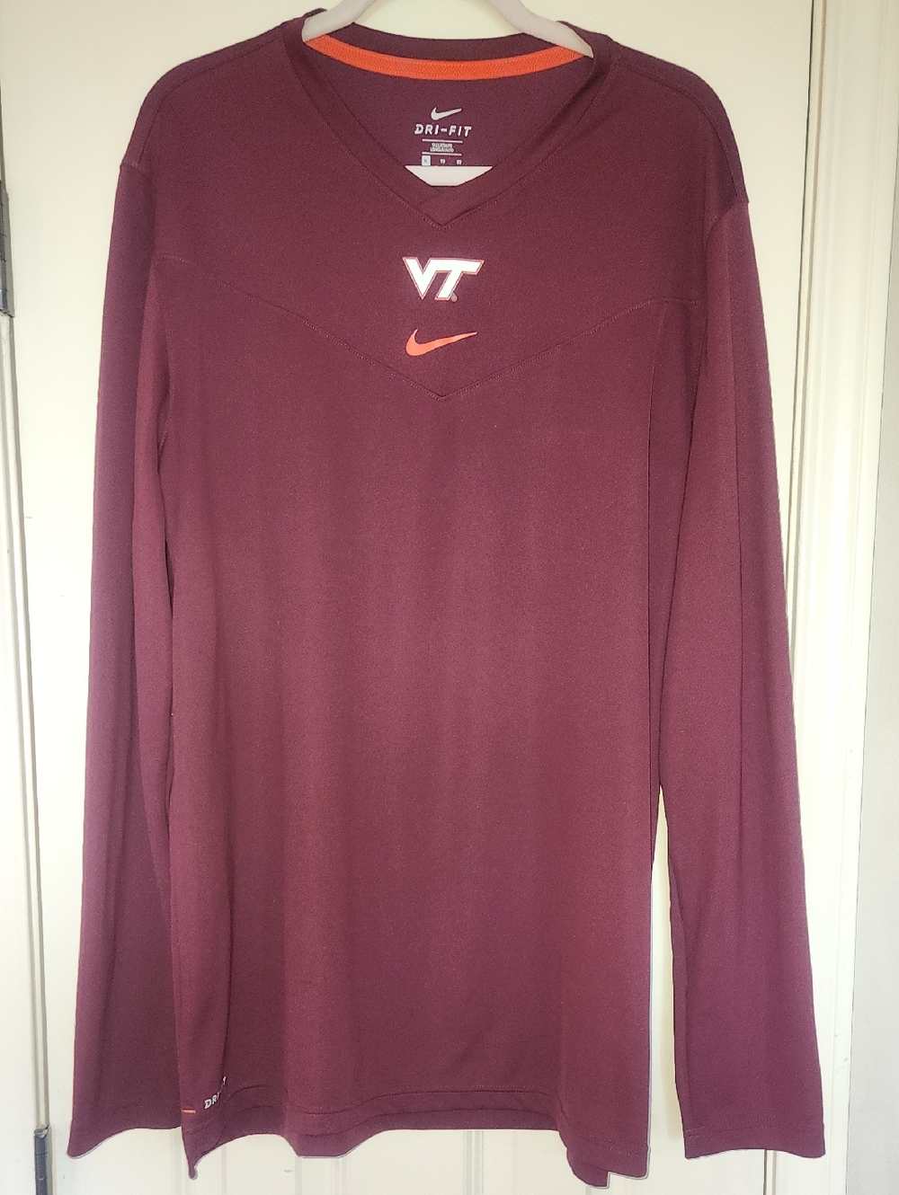 Nike Men's Long Sleeve Dri-FIT Virginia Tech Maroon Tee with Orange Accents